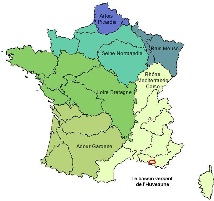 Carte du bassin versant de l’Huveaune appartient au bassin hydrographique Rhône Méditerranée Corse